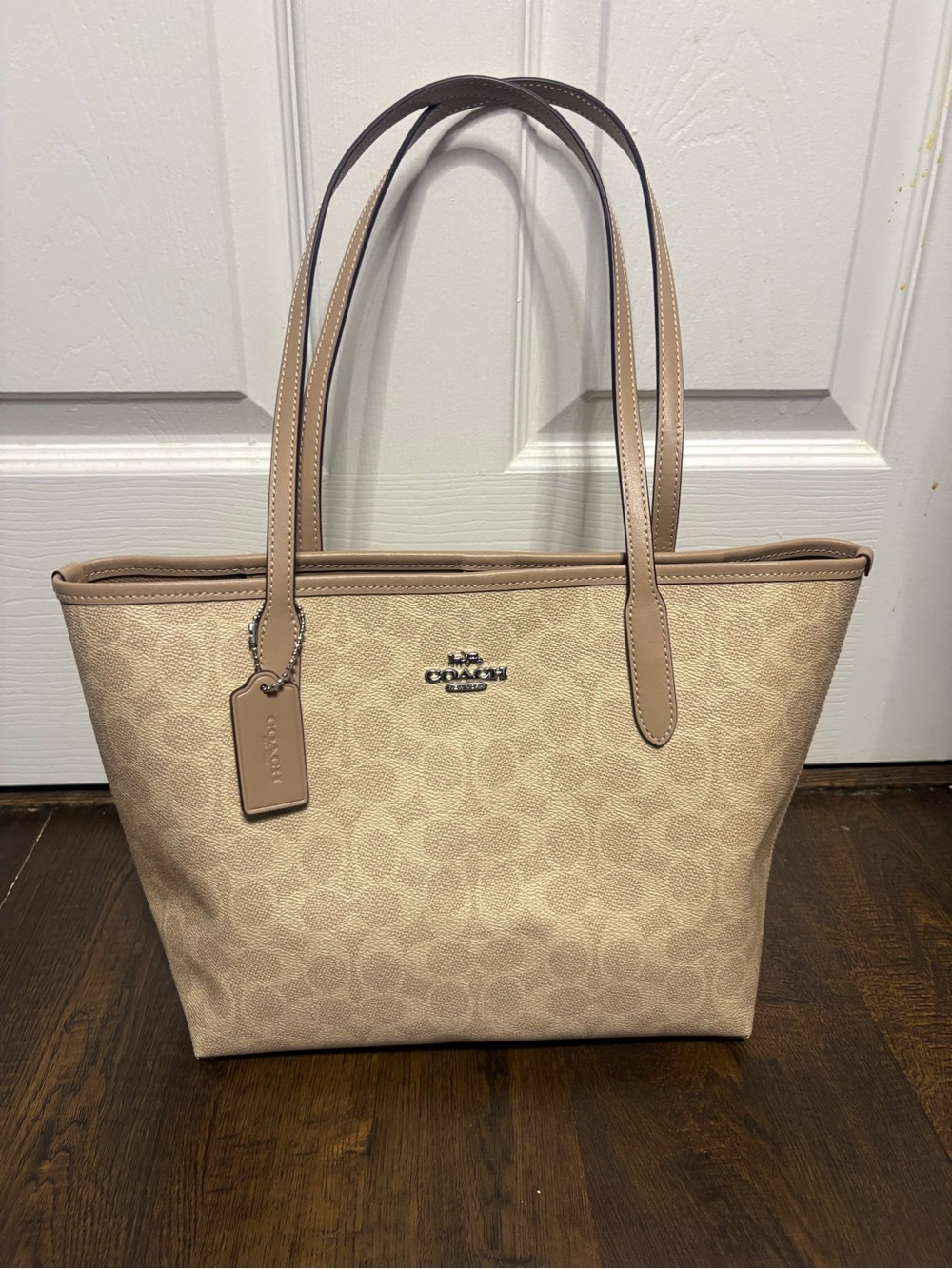 Coach Tan Signature Canvas Tote with Leather Trim